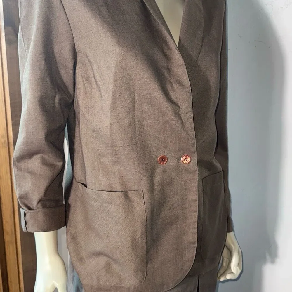 Vintage 80’s Brown Beige Linen Blend Oversized Bold Shoulder Double Breasted Wom